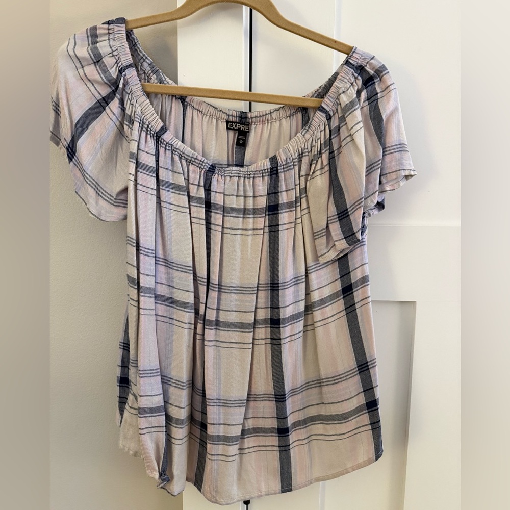 Express Flowy Off Shoulder Plaid Top Blouse Pastels  Rayon M